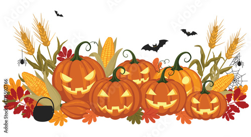 Halloween pumpkins with corn, wheat, and autumn leaves against a white background, creating a vibrant and festive autumnal mood.
