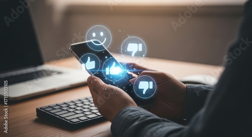 Person using a mobile phone with social media icons floating above the screen