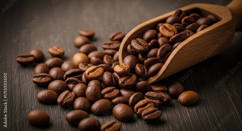 Fototapeta premium Closeup of coffee beans with wooden scoop on a dark wooden table surface
