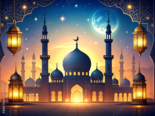 Wallpaper Mural Elegant Islamic background with mosque silhouettes, lanterns, and geometric patterns, perfect for Ramadan and Eid celebrations. Torontodigital.ca