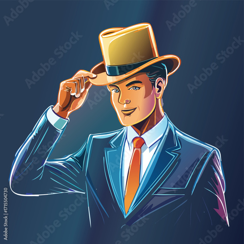 Retro neon outline of businessman tipping hat illustration