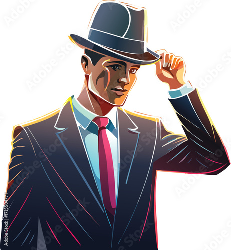 Retro neon businessman tipping hat illustration