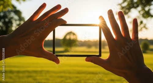 Hands framing the sun and tree in a field at sunset, capturing a beautiful scene