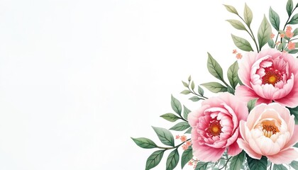 Watercolor corner border features pink, white peonies, roses, plants. Delicate floral elements on white background. Soft pastel tones. Romantic garden blossoms for invitations, cards, wedding decor.