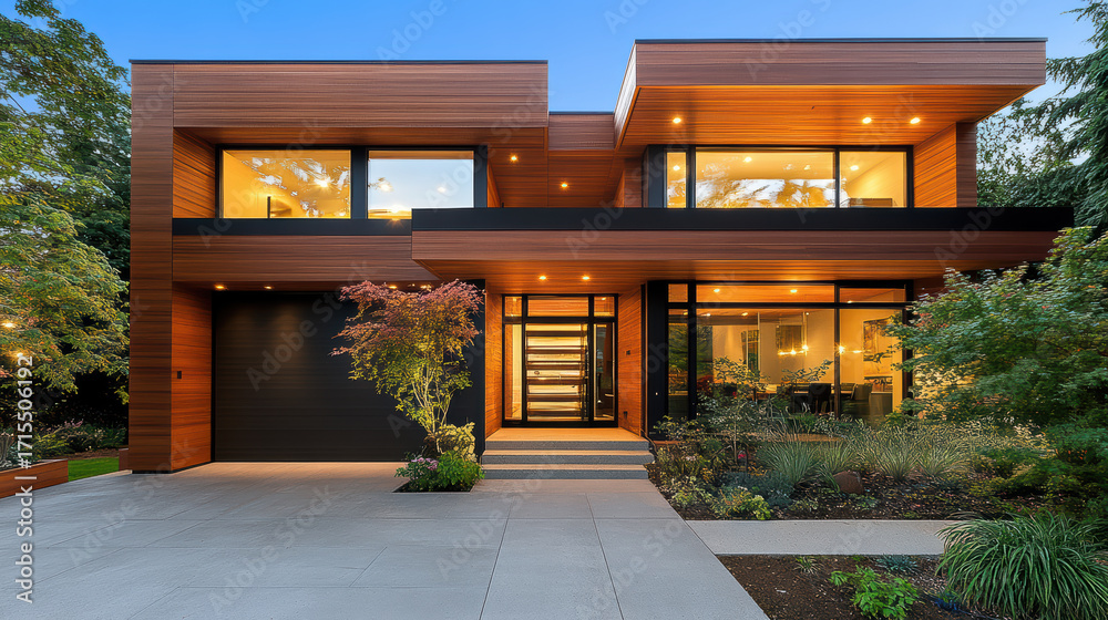 Obraz premium Modern house exterior glowing with smart lights, showcasing sleek design and natural elements