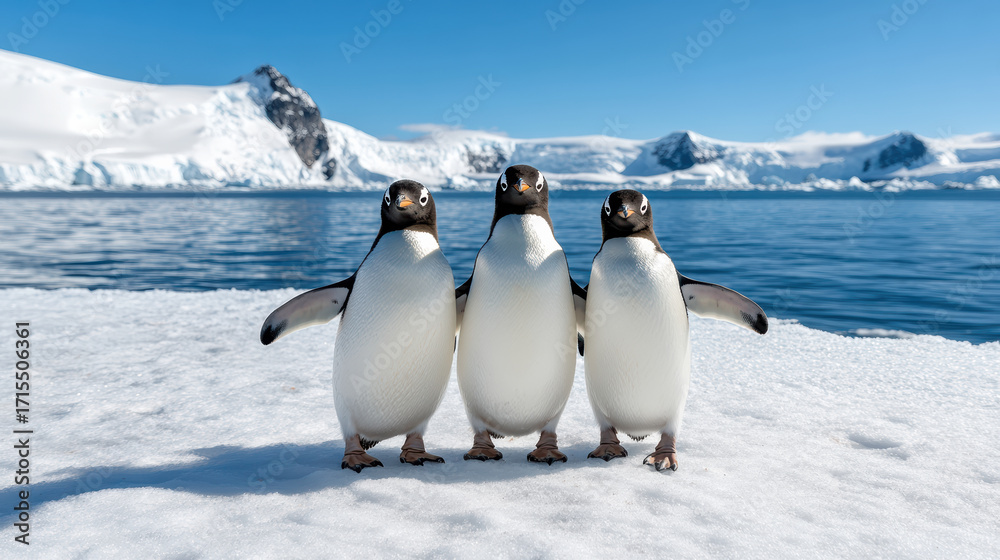 Obraz premium Three penguins stand together snowy landscape, showcasing their playful nature against stunning