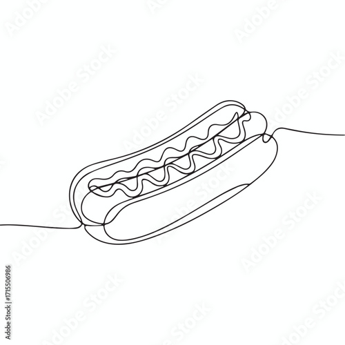 Continuous Simple black line art drawing of a hotdog in a minimalist style on a white background.
