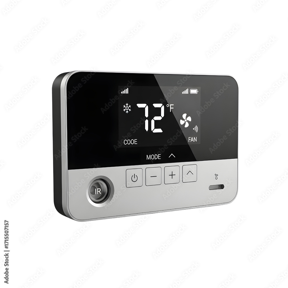 Fototapeta premium Smart thermostat showing 72 degrees Fahrenheit isolated PNG with Transparent Background
