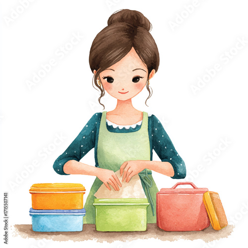 Woman preparing food in containers for lunch.