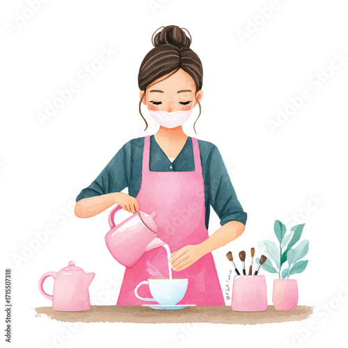Woman wearing mask pouring tea from teapot into cup.