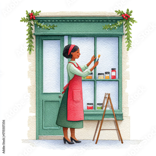 Woman working in a vintage style shop, focused on Christmas items.