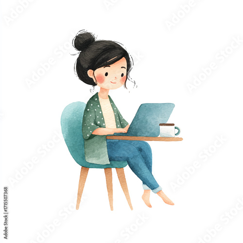 Woman working on laptop, focused and attentive, seated at a table, digital work, modern lifestyle, concentrated on task.