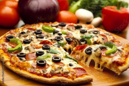 A freshly baked pizza with pepperoni, mushrooms, black olives, green peppers, and melted cheese, served on a wooden board with vegetables in the background.