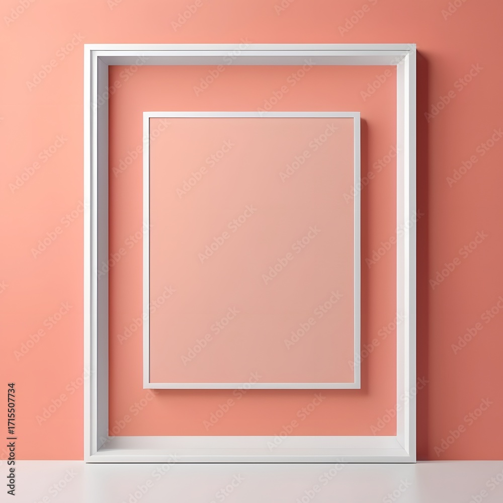 Fototapeta premium Minimalist Geometric Composition with Two White Layered Picture Frames Against a Vibrant Peach Coral Wall and Light Pink Surface
