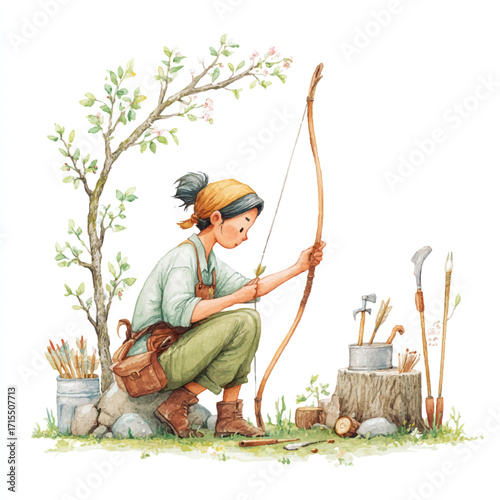 Young archer preparing bow and arrow for practice outdoors.