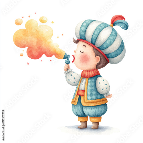 Young boy in traditional attire blowing colorful smoke from a horn.