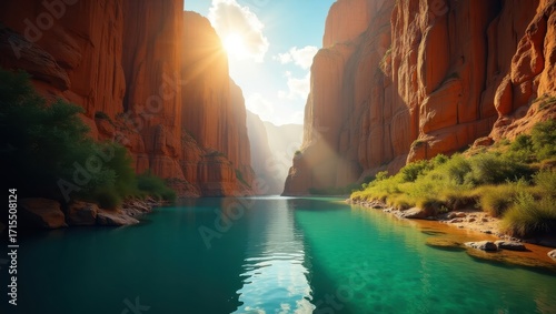 A serene, sun-drenched canyon, with vibrant turquoise water reflecting the towering, rust-colored cliffs, creates a stunning landscape of tranquility.