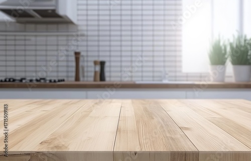 Wooden kitchen countertop with tiled backsplash and natural light