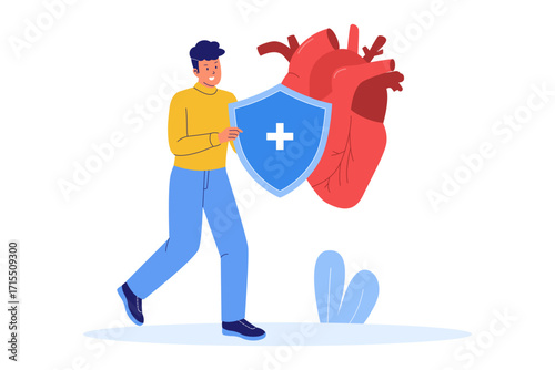  Illustration of Heart Disease Prevention and Cardiovascular Health. Person Protecting a Heart with a Medical Shield