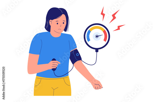 Medical Illustration of Hypertension and Blood Pressure. Woman Checking Her Blood Pressure with a Stethoscope and a Gauge