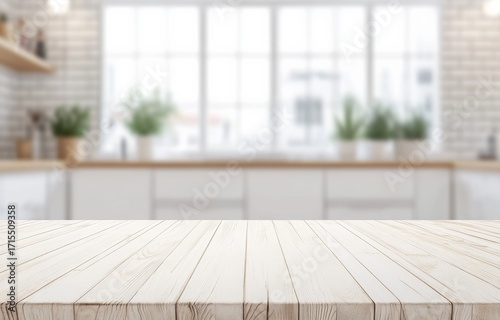 Wooden tabletop in a bright, modern kitchen with white cabinets and potted plants