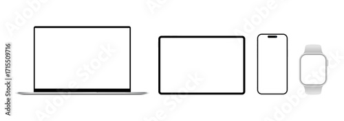 Realistic mobile phone, laptop, tablet pc and smart watch devices blank screen mockup set. Vector illustration