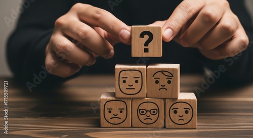 Hand placing question mark block on pyramid of emotion blocks, representing uncertainty