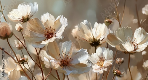 Delicate White Flowers Blooming in Soft Natural Light on Pale Background