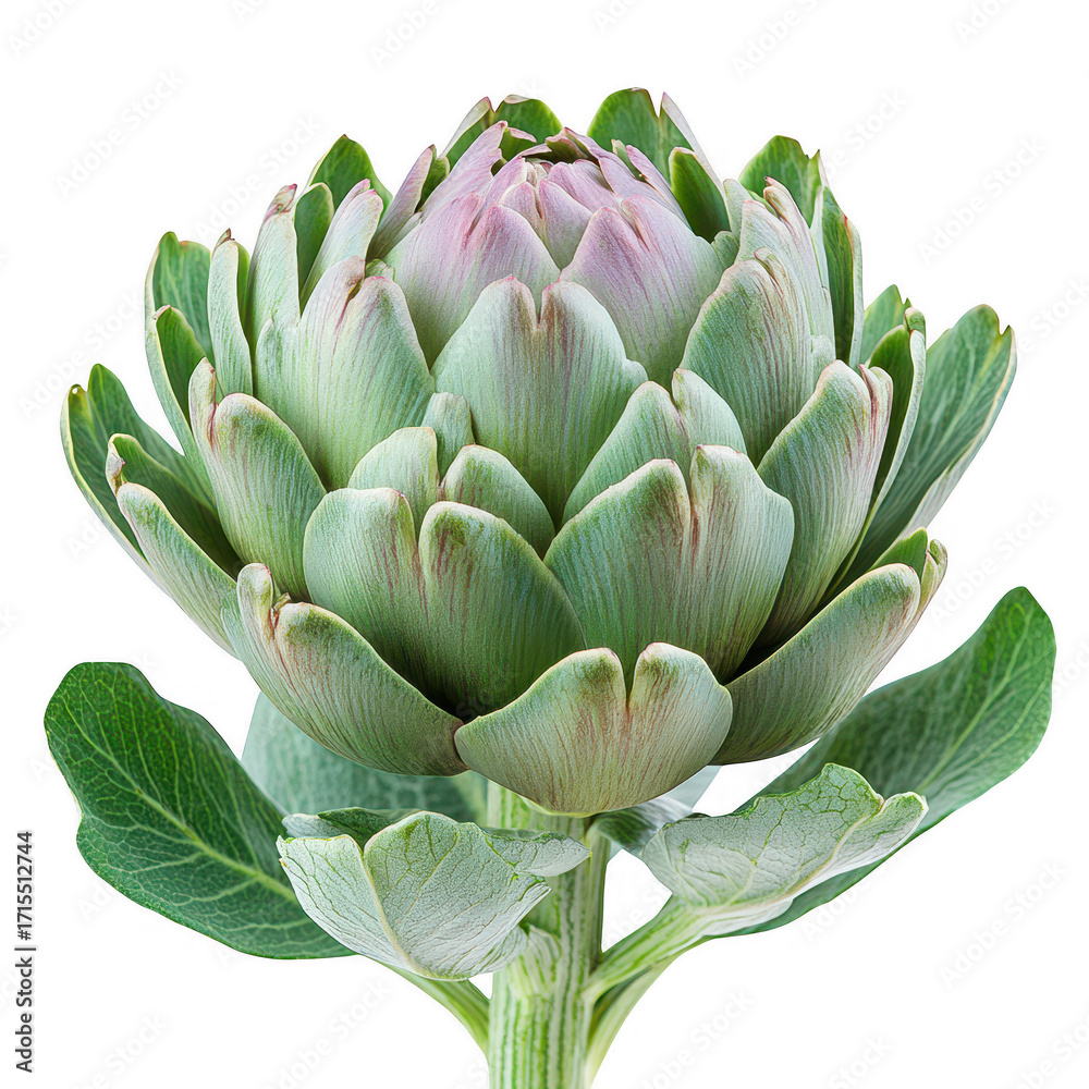 Fototapeta premium A single fresh green artichoke with delicate purple petals at its center isolated on transparent background