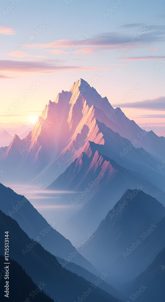 Obraz premium Majestic Mountain Peak at Sunrise A Serene Landscape in Soft Pink and Blue Hues