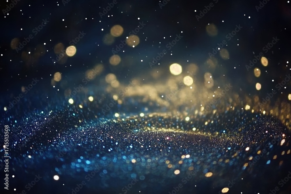 Obraz premium Abstract cosmic scene with glowing particles and bokeh lights in deep blue and gold hues