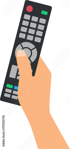 vector hand holding a remote control isolated on white background. human hand with tv remote control switching tv, flat design