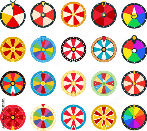 vector fortune wheel illustrations with no numbers. casino game fortune roulette icon collection isolated on white background. flat graphic of colorful spinning lottery wheel