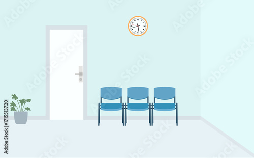 vector waiting room illustration. waiting hall with blue walls, chairs and a pot plant near the door. waiting for appointment in office or clinic