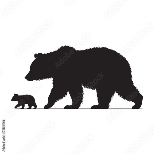 Bear walking with cub trailing behind vector silhouette outline logo design illustration