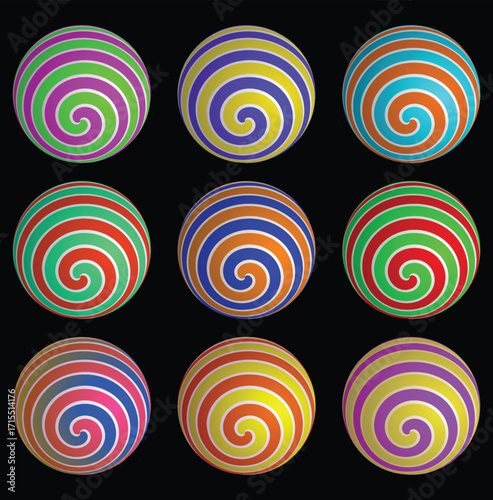 A symmetrical grid of nine colorful, spiraling striped spheres against a black background.