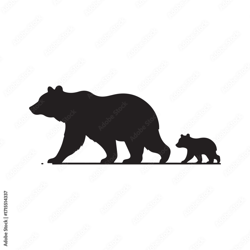 Fototapeta premium Bear walking with cub trailing behind vector silhouette outline logo design illustration