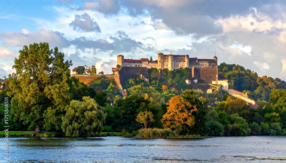 Fototapeta premium A majestic medieval castle stands tall atop a hill overlooking a serene river, framed by lush green trees and hints of autumnal color.