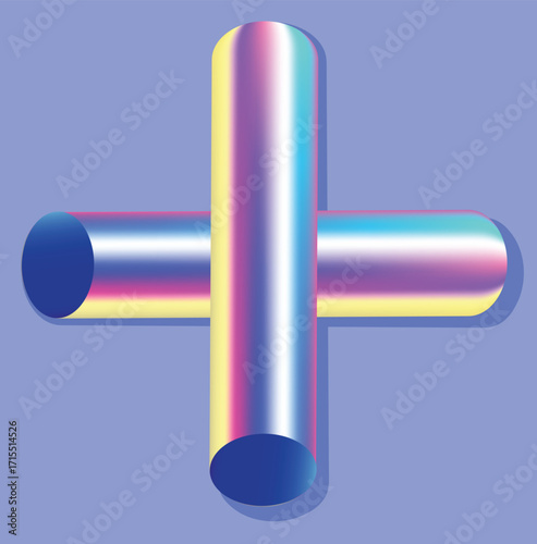Two cylindrical shapes with a shiny, multicolored gradient forming a cross