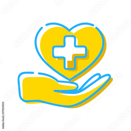 Hand holding heart with medical cross symbol in yellow design  