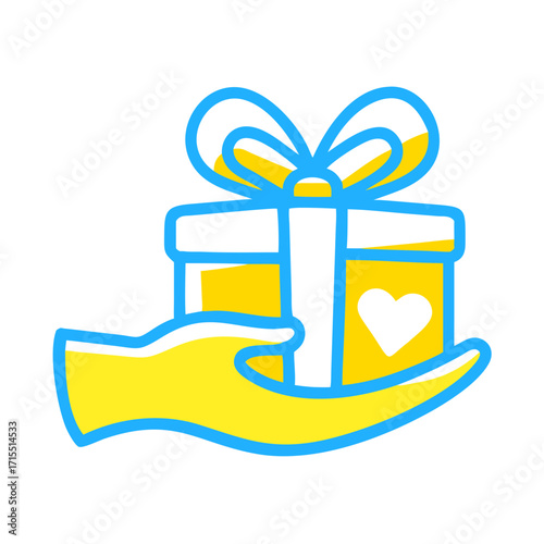 Hand holding a yellow gift box with bow and heart symbol  