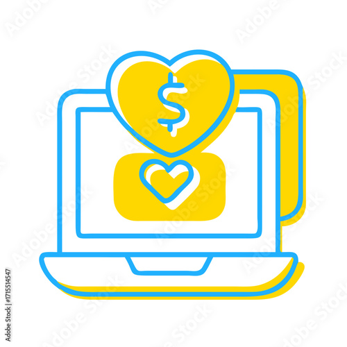 Laptop with heart and dollar symbols in modern flat design  