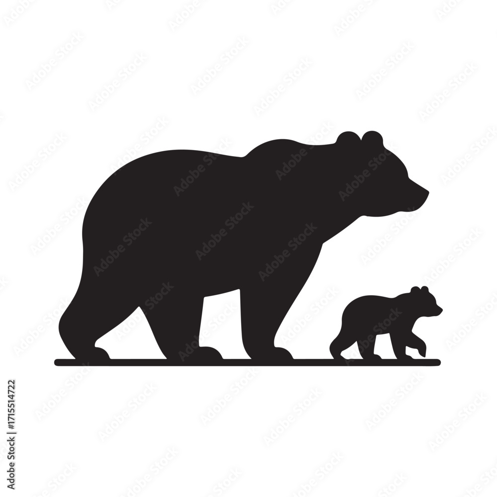 Obraz premium Bear walking with cub trailing behind vector silhouette outline logo design illustration