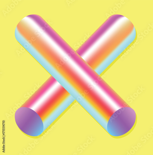 Two shiny, colorful gradient cylinders forming a cross shape on a yellow background