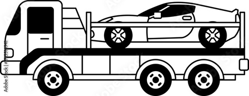 black and white isolate illustration of a truck is carrying a sports car