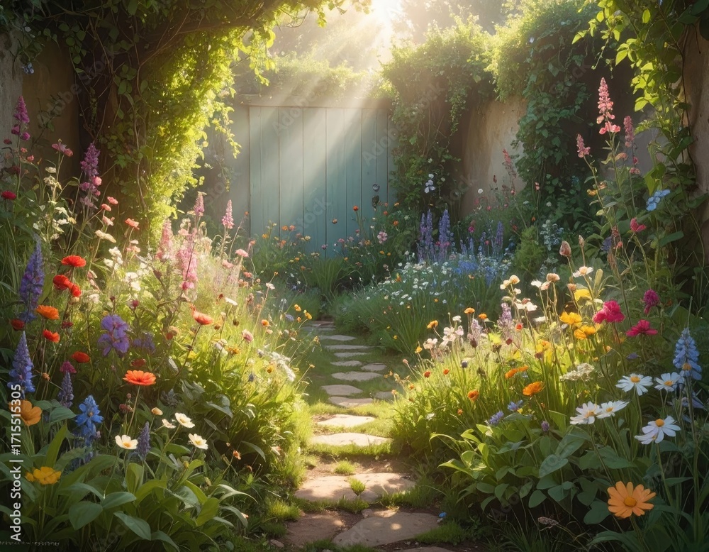 Obraz premium A sun-drenched garden path winds through a vibrant display of colorful flowers, bathed in soft morning light, creating a serene and enchanting atmosphere.