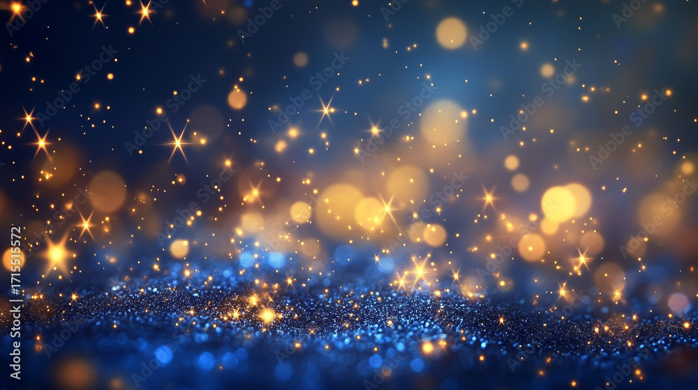 Obraz premium A mesmerizing display of golden bokeh lights against a deep blue backdrop, creating a magical and enchanting atmosphere with sparkling stars and glitter