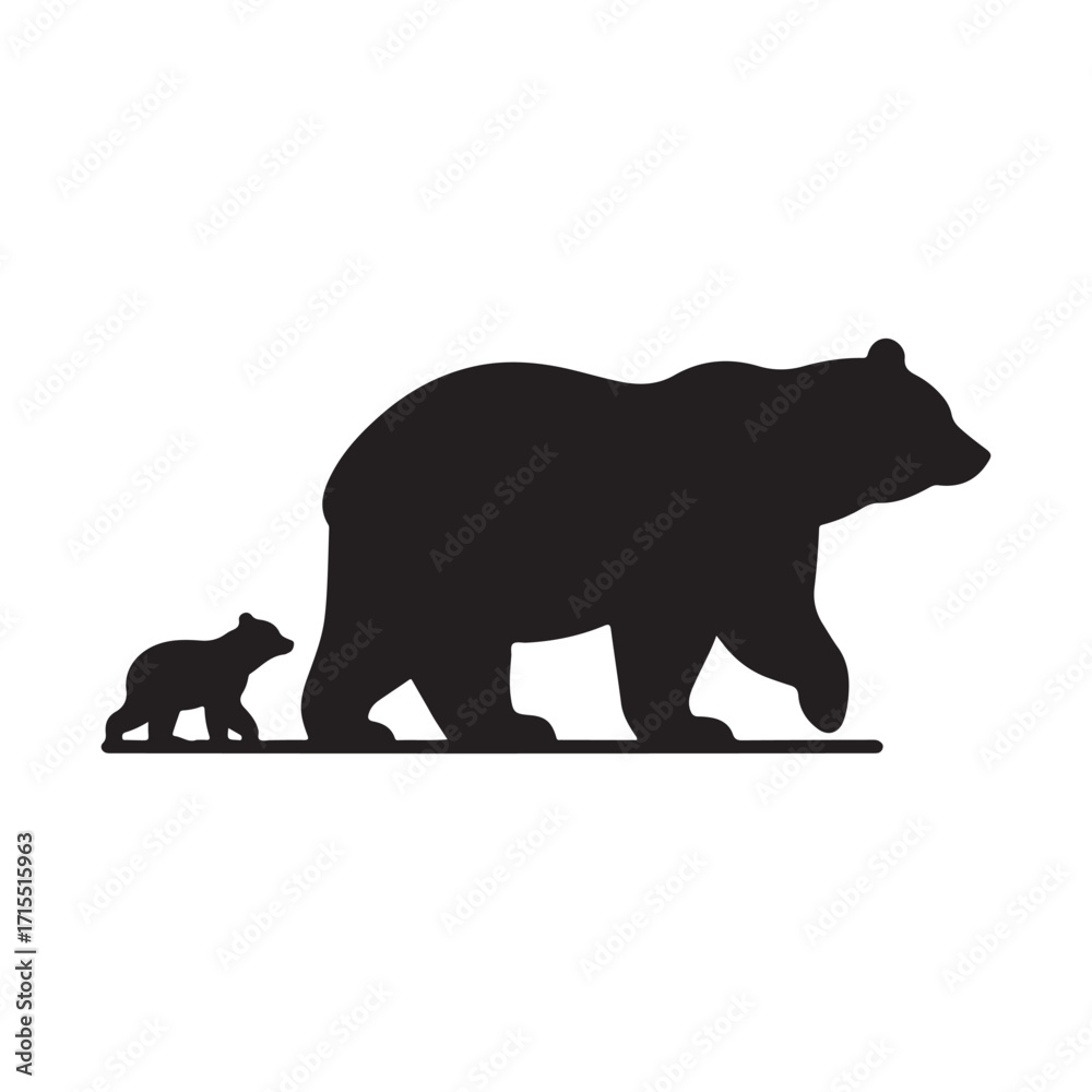 Fototapeta premium Bear walking with cub trailing behind vector silhouette outline logo design illustration