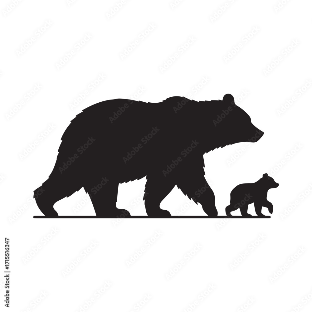 Fototapeta premium Bear walking with cub trailing behind vector silhouette outline logo design illustration