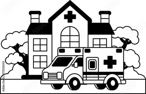 black and white illustration of a ambulance in front of hospital